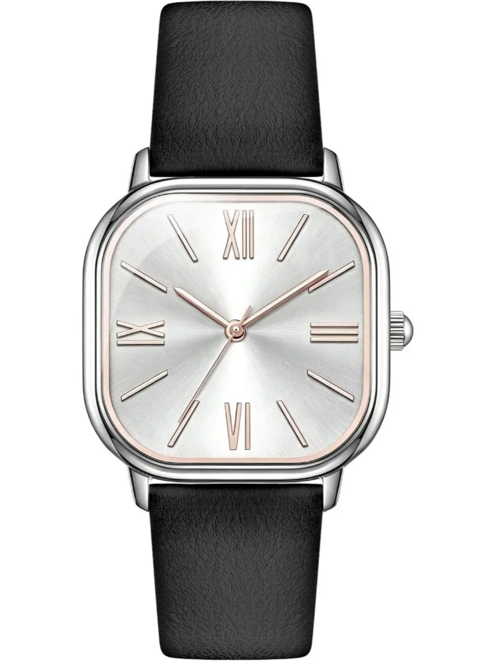 Women's Black Silver Square Case Leather Strap Easy to Read Casual Wrist Watch